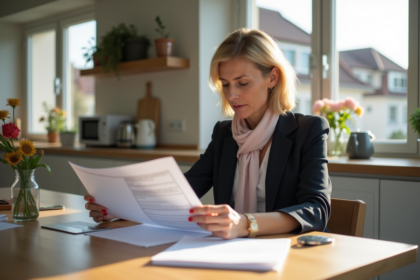 Femme française en blazer examine documents de prêt immobilier