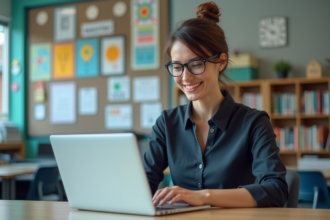 Femme professionnelle dans une salle de classe moderne
