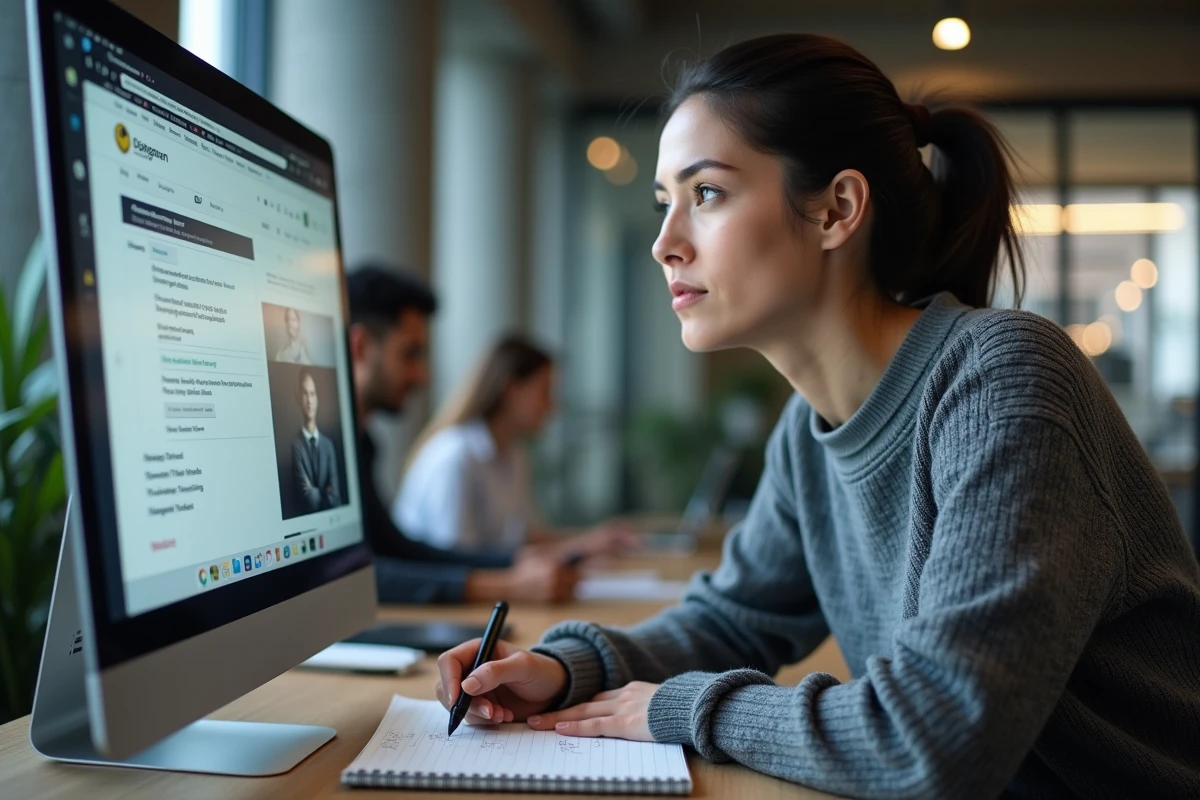 Femme prenant des notes devant un écran d'ordinateur lors d'une recherche de l'adresse officielle Legacy Scan