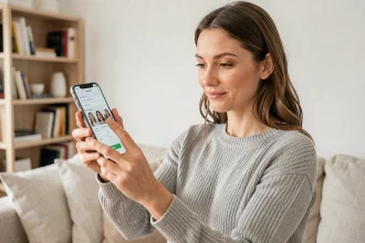 Femme ajustant sa photo de profil WhatsApp sur un smartphone Android dans un salon moderne