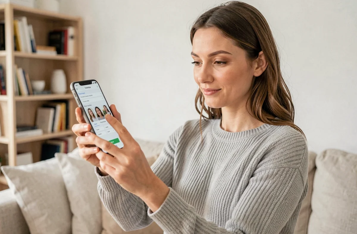 Femme ajustant sa photo de profil WhatsApp sur un smartphone Android dans un salon moderne