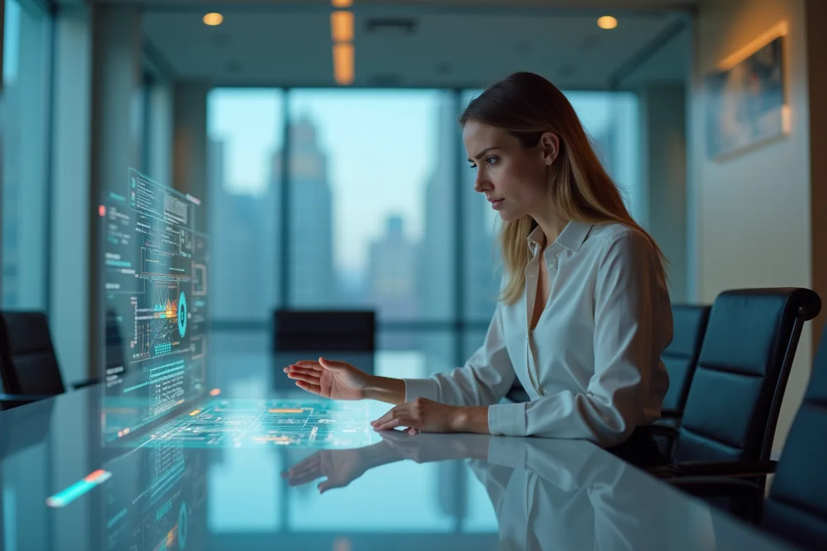 Jeune femme en réunion utilisant une interface tactile moderne