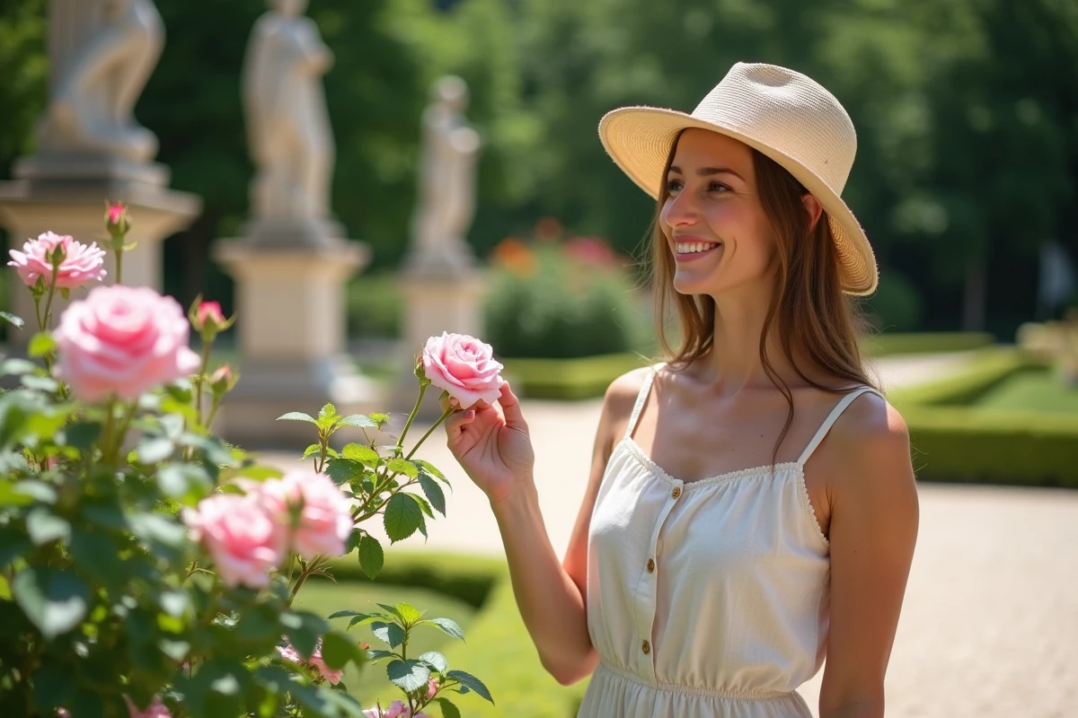 Femme souriante dans un jardin de roses à Bagatelle