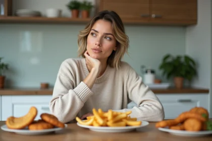 Femme pensant face à un plat d'aliments frits et transformés