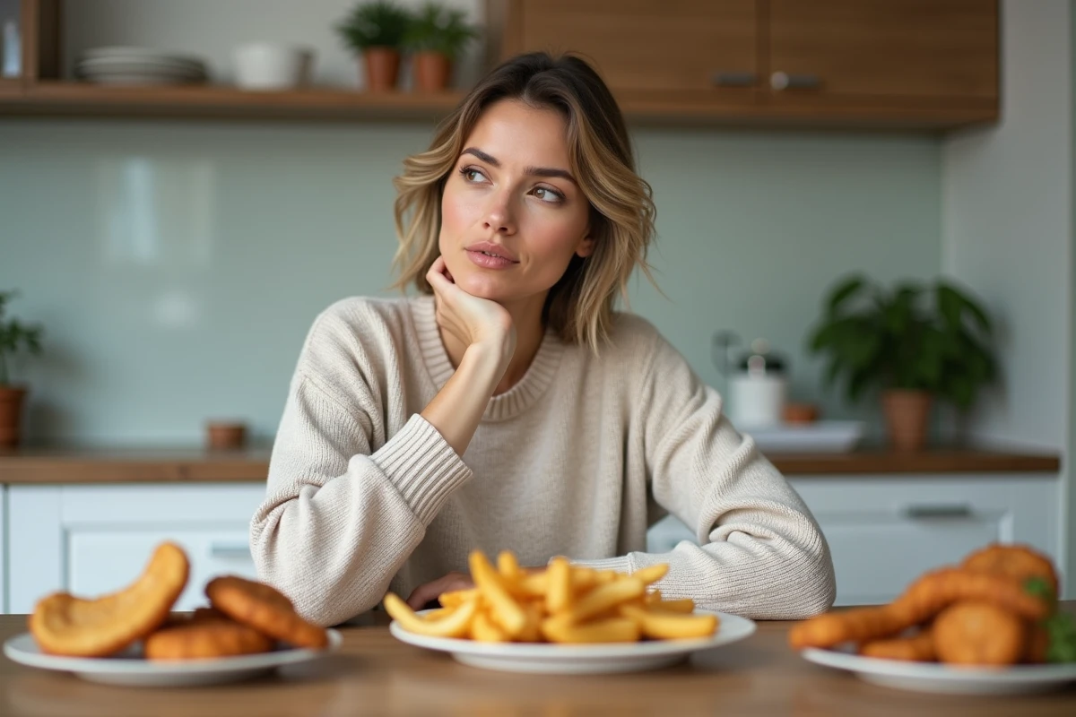 Femme pensant face à un plat d'aliments frits et transformés