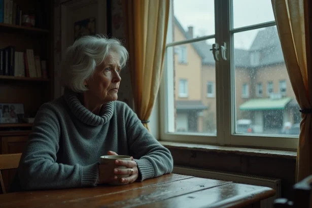 Femme d'âge mûr assise seule à une table en bois, tenant une tasse de café et regardant par la fenêtre sous la pluie, illustrant la tristesse et la solitude