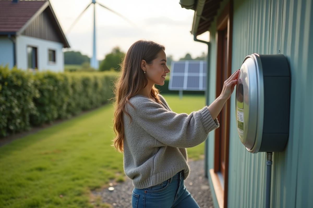 Jeune femme vérifie un compteur intelligent dans son jardin vert