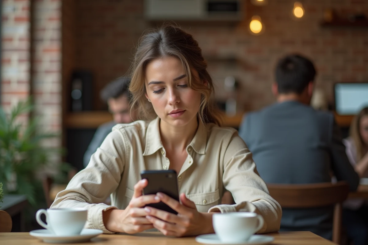 Femme consultant un smartphone avec une application qui ne répond plus, cherchant une solution alternative dans un café moderne
