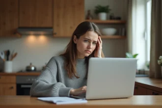 Femme frustrée consultant le suivi de colis LP Collect sur son ordinateur portable avec un reçu en main