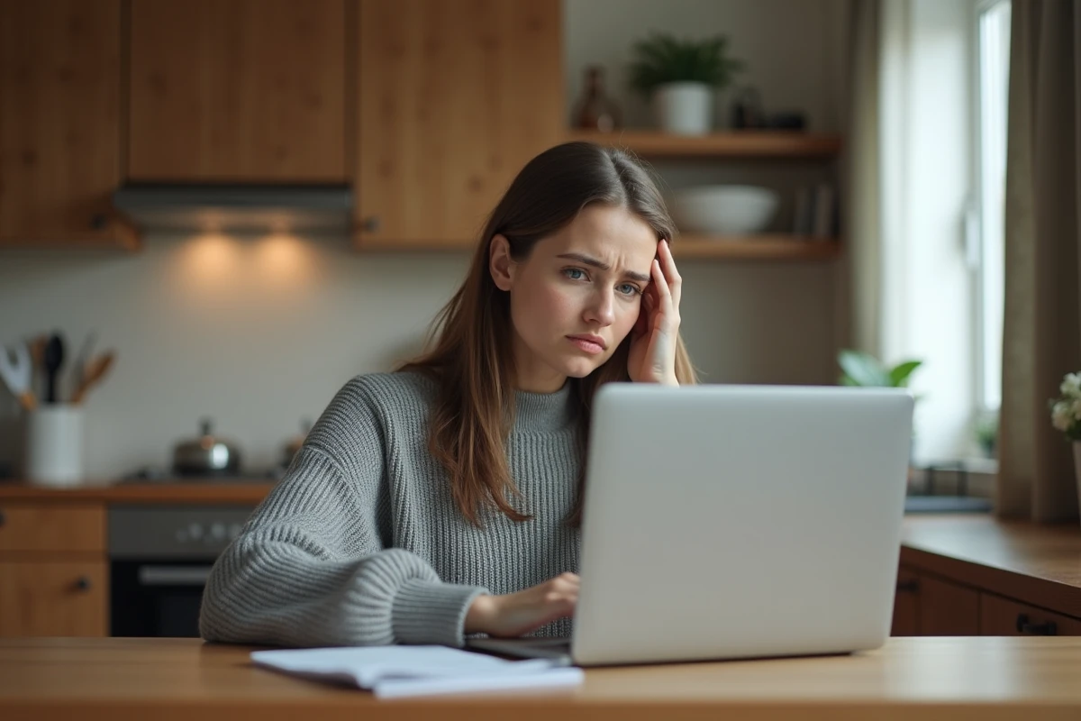 Femme frustrée consultant le suivi de colis LP Collect sur son ordinateur portable avec un reçu en main