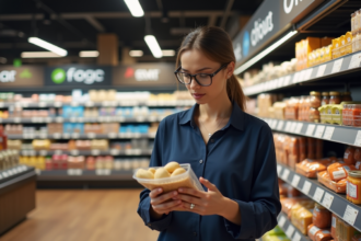 Femme inspectant un produit en supermarche moderne