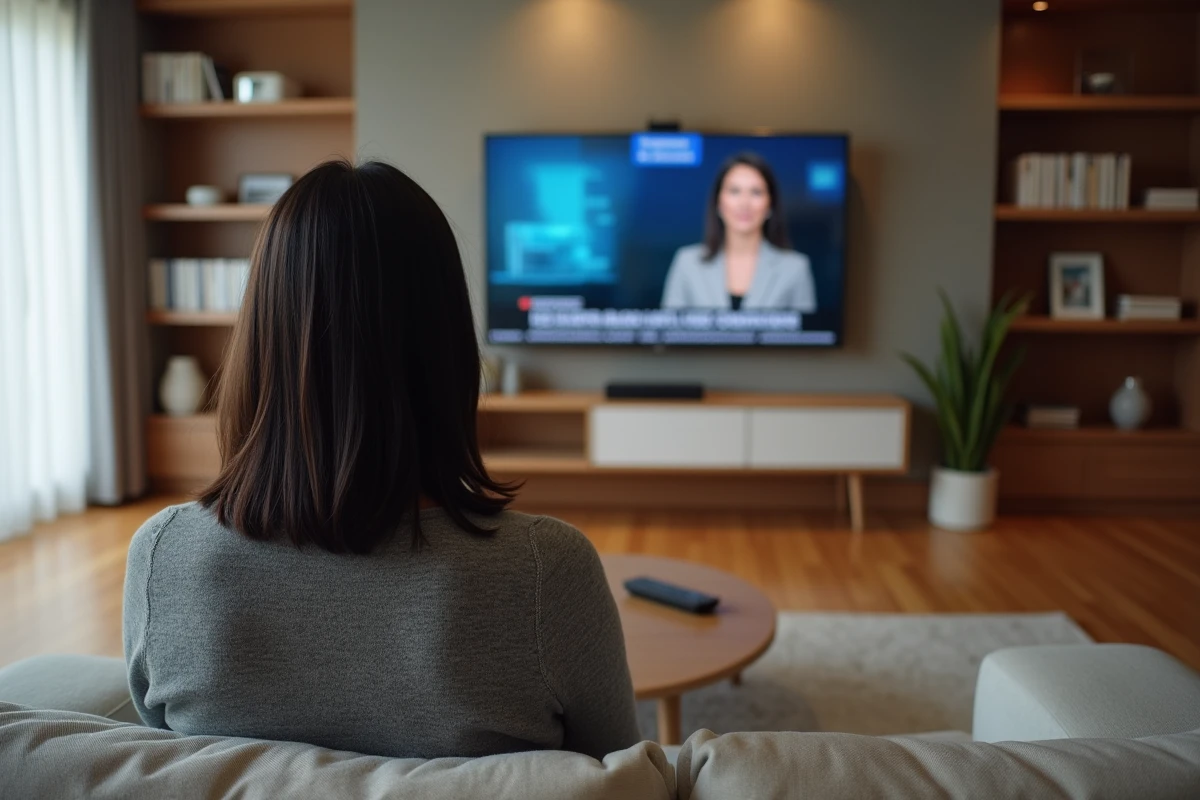 Femme regardant une télévision TNT haute définition dans un salon moderne et cosy