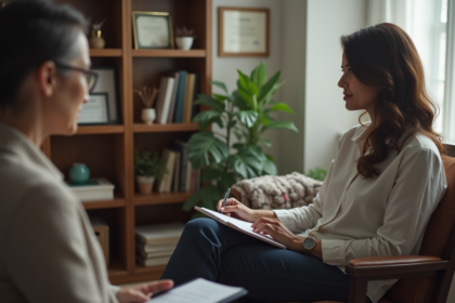 Femme d'âge moyen en entretien avec un thérapeute dans un bureau calme