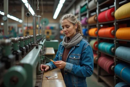 Femme inspectant des bobines de fil coloré dans une usine textile