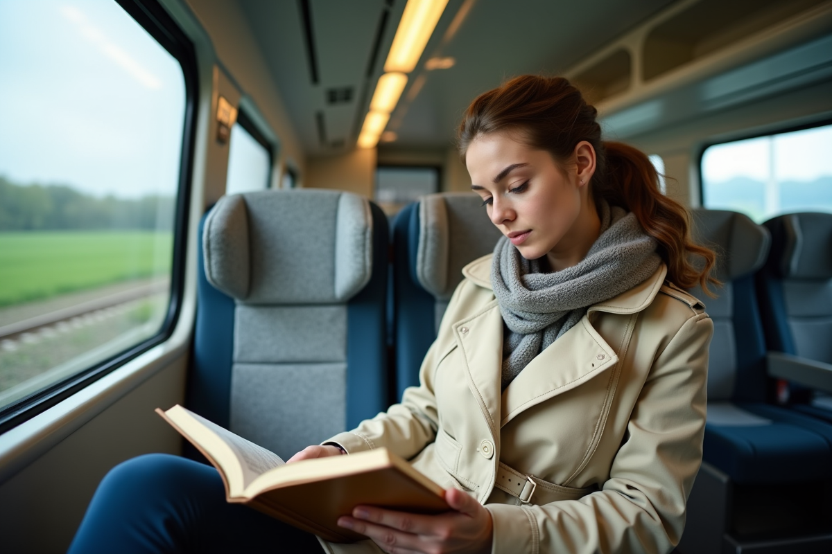 Jeune femme en train lisant dans un compartiment TGV moderne