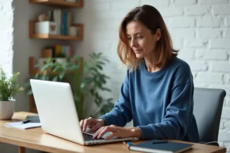 Femme concentrée travaillant sur son ordinateur dans un bureau lumineux