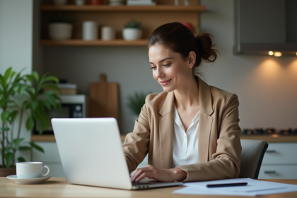 Femme concentrée travaillant à la maison sur un bureau moderne