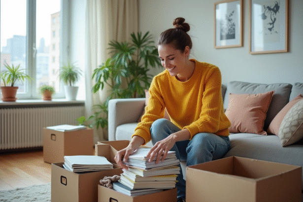 Femme triant des livres et vêtements dans un appartement moderne
