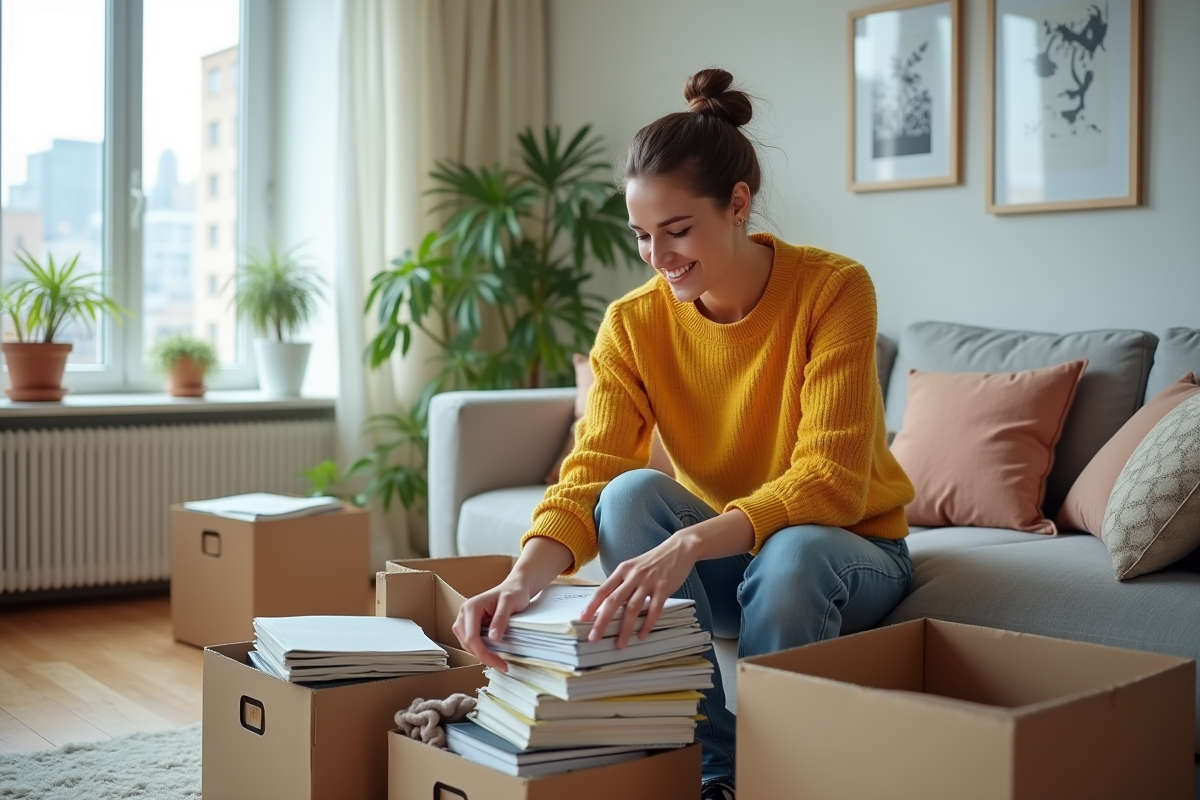 Femme triant des livres et vêtements dans un appartement moderne