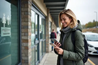 Femme voyageuse souriante vérifiant une carte près d'un panneau de toilettes
