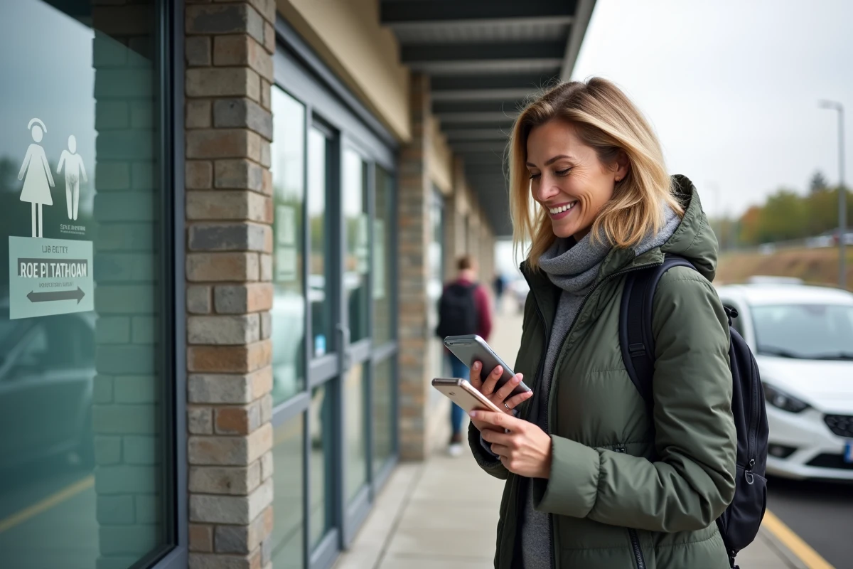 Femme voyageuse souriante vérifiant une carte près d'un panneau de toilettes