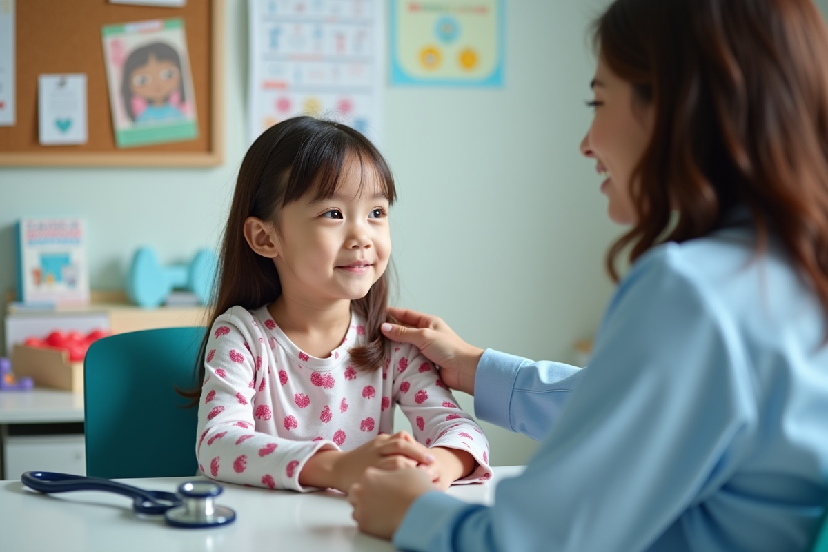 Jeune fille en pyjama rassurée par sa mère chez le pédiatre