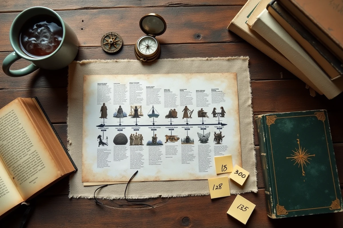 Vue en plongée d'une table avec frise chronologique imprimée et notes manuscrites sur l'ordre des films du Hobbit et du Seigneur des Anneaux