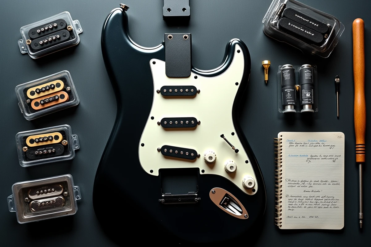 Vue à plat d'un pickguard de Stratocaster avec des micros Samarium Cobalt Noiseless et des micros classiques prêts à être comparés