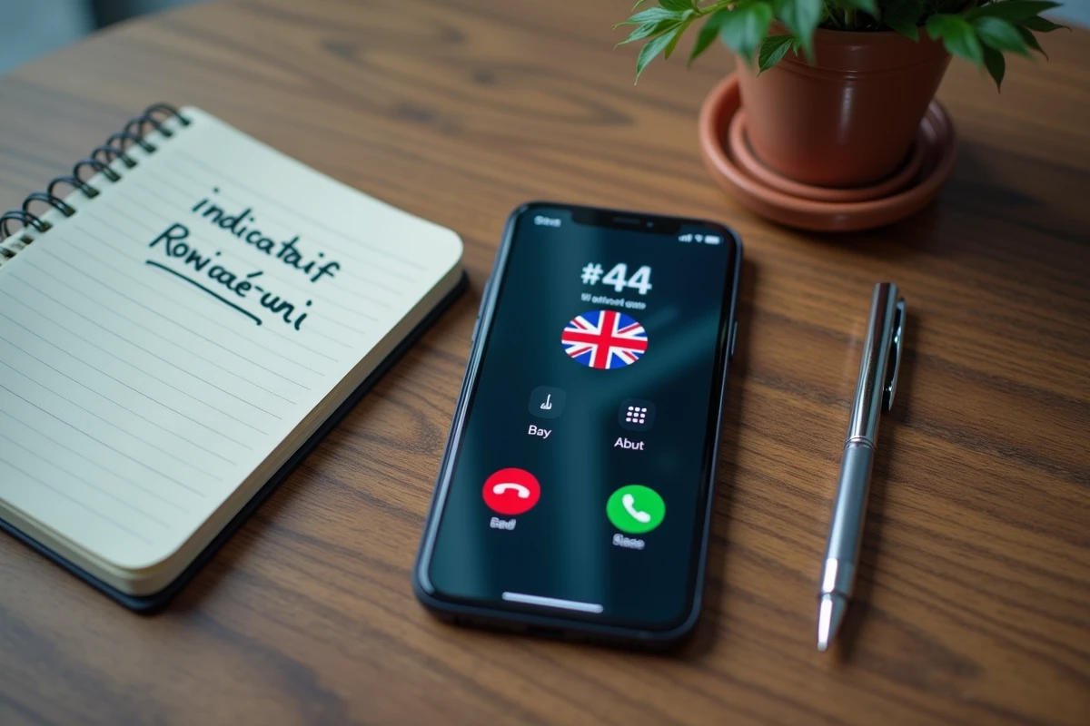 Vue de dessus d'un smartphone affichant l'indicatif téléphonique +44 du Royaume-Uni avec un carnet de notes