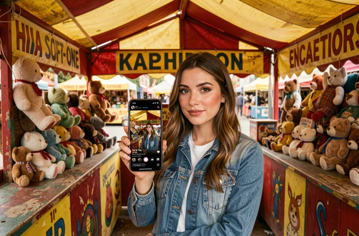 Jeune femme foraine tenant un smartphone avec TikTok dans un stand de fête foraine, illustrant la présence des forains sur les réseaux sociaux
