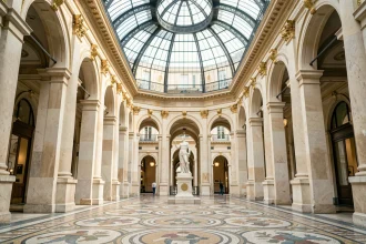 Intérieur de la galerie Colbert à Paris avec sa rotonde en verre et fer forgé, colonnes néoclassiques et sol en mosaïque