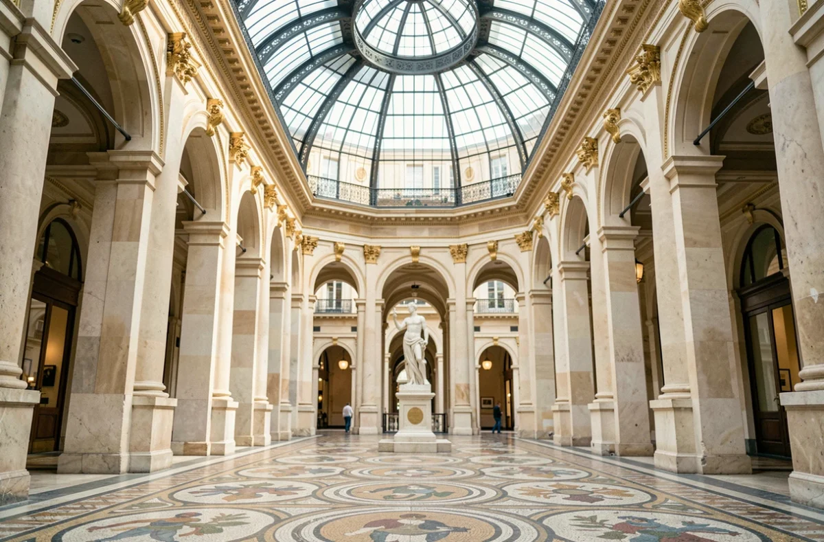 Intérieur de la galerie Colbert à Paris avec sa rotonde en verre et fer forgé, colonnes néoclassiques et sol en mosaïque