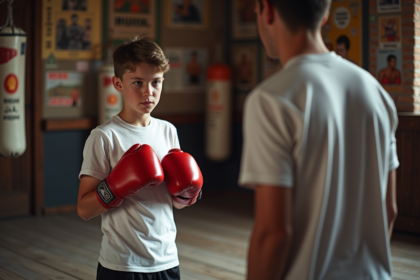 Jeune garçon en boxe ajustant sa posture dans un gymnase