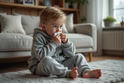 Jeune garçon de 7 ans se mouchant sur un sofa familial