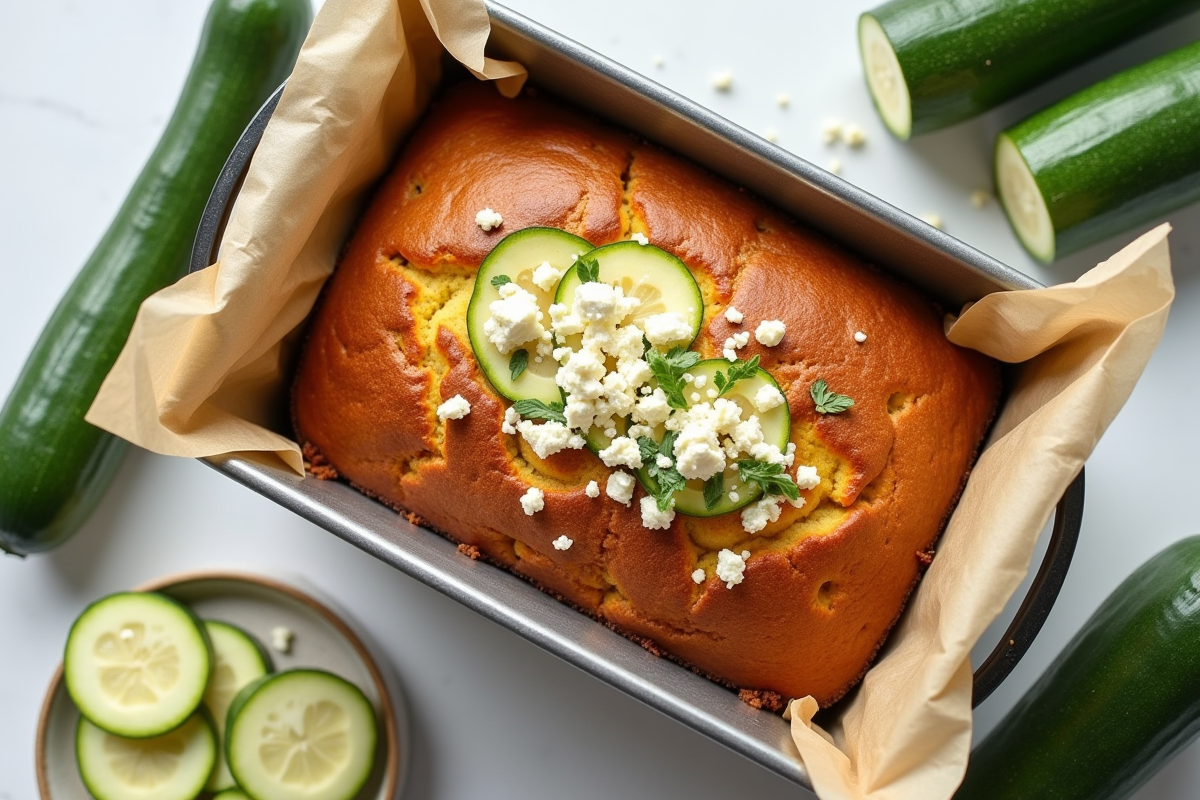 Gâteau de courgette et feta entier dans un moule en papier