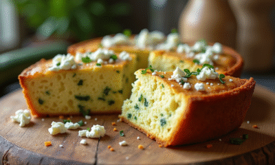 Gâteau de courgette et feta tranché sur planche en bois