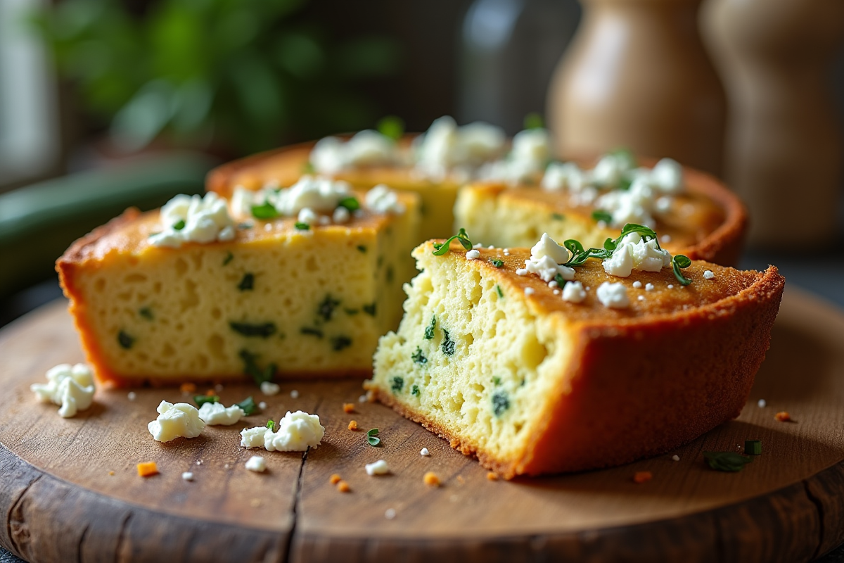 Gâteau de courgette et feta tranché sur planche en bois
