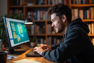 Geek passionné jouant à un jeu de mots quotidien sur son ordinateur portable dans un appartement cosy rempli de livres et de jeux de société