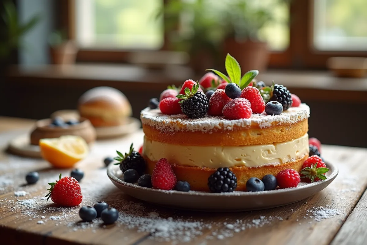 Gâteau moelleux sans gluten ni lactose avec garniture colorée