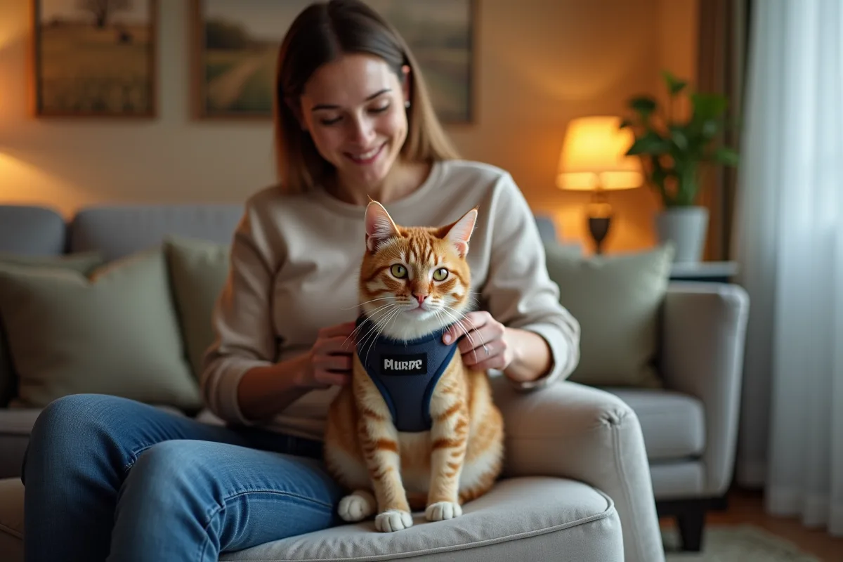 Un chat curieux explorant son harnais dans un environnement calme