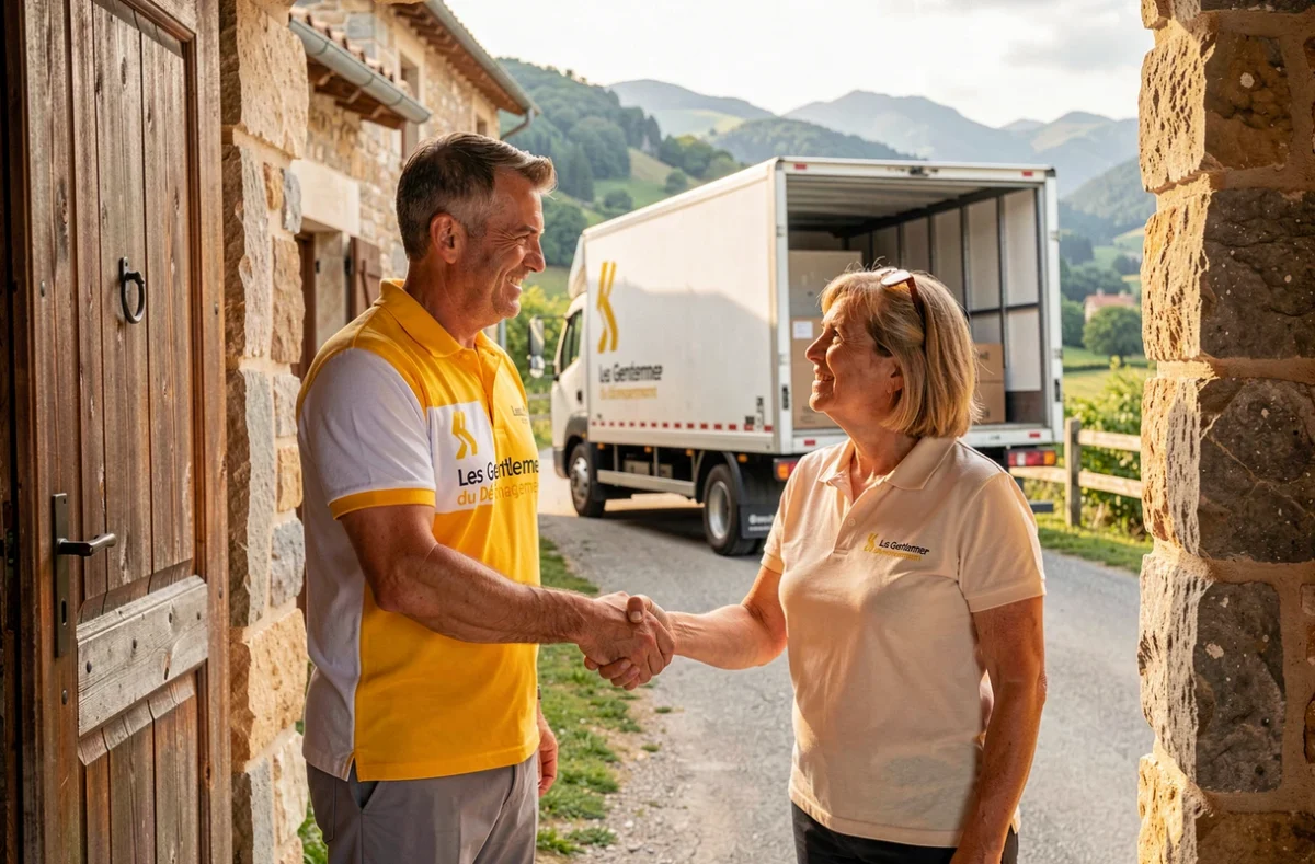 Un déménageur Les Gentlemen du Déménagement Marcellin serrant la main d'une cliente devant sa maison dans les Hautes-Alpes
