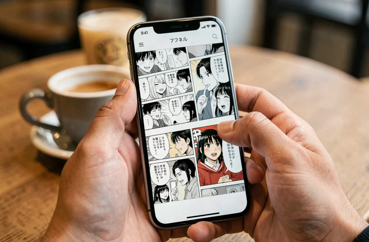 Gros plan de mains tenant un smartphone affichant des scans haute qualité de manga Demon Slayer dans un café