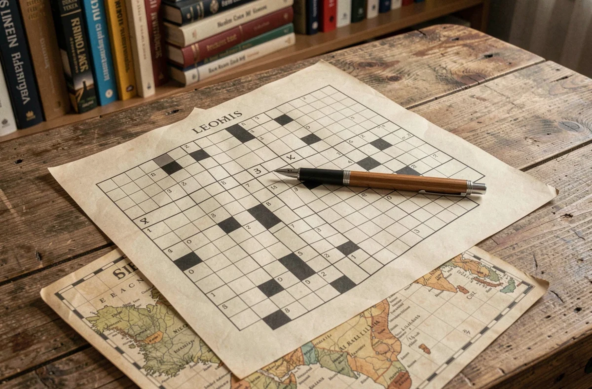 Gros plan d'une grille de mots croisés posée sur une carte de Belgique avec un stylo, dans un bureau cosy