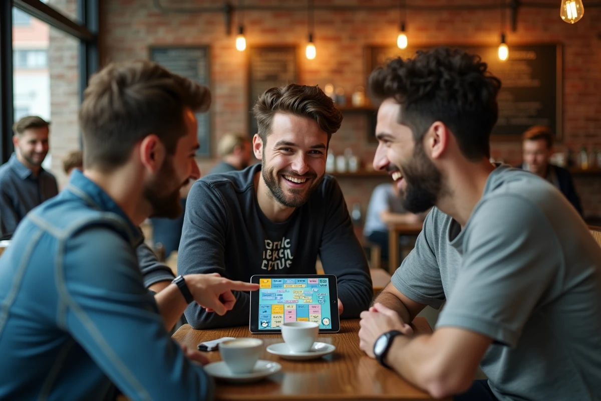Groupe d'amis geeks débattant d'un jeu de mots pédant sur tablette dans un café urbain branché autour d'expressos