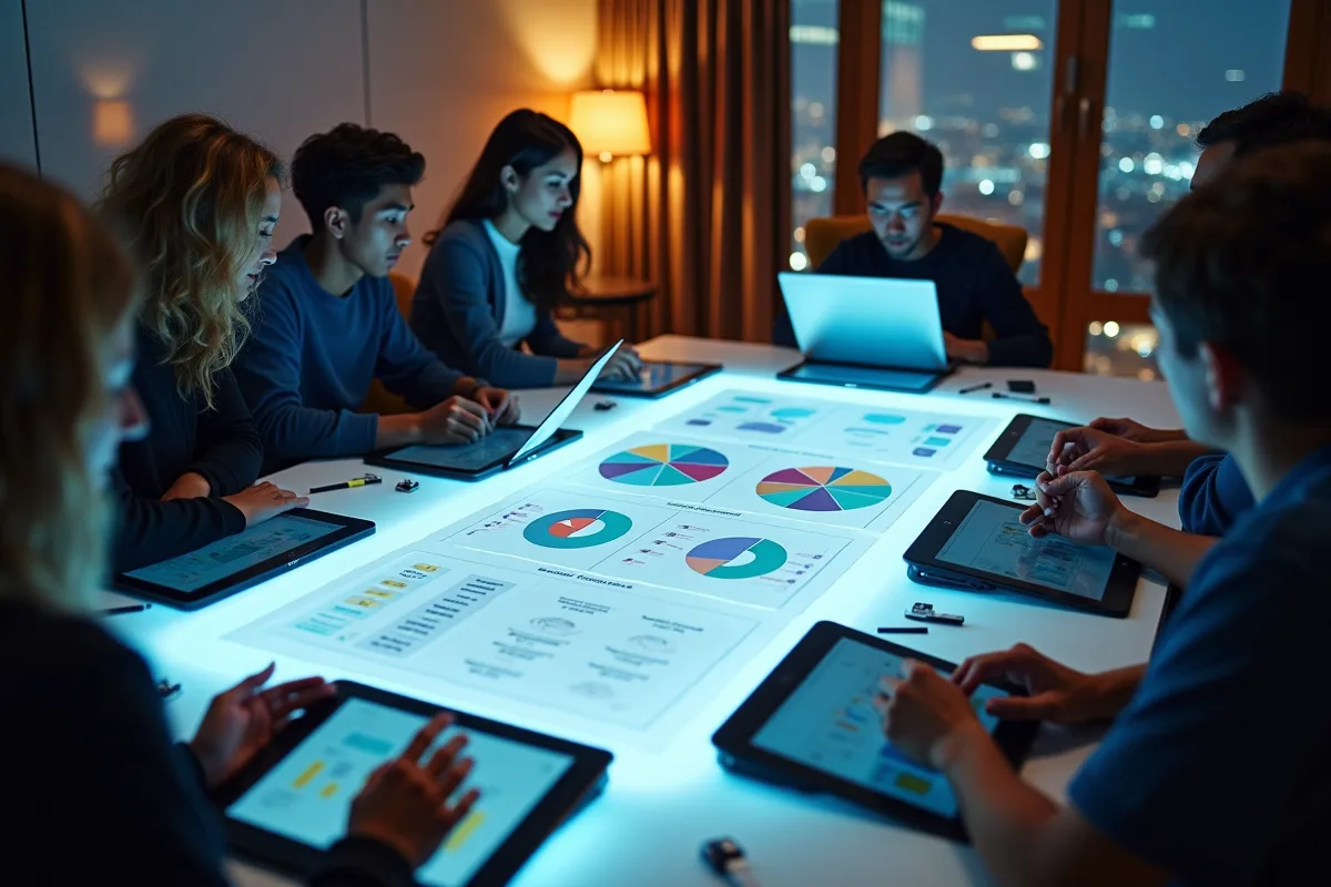 Groupe de personnes collaborant autour de diagrammes AI et tablettes