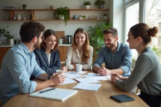 Groupe de jeunes adultes discutant autour d'une table de cuisine