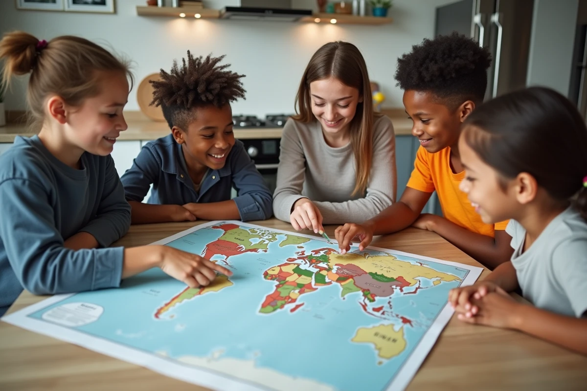 Groupe d élèves discutant autour d une carte du monde