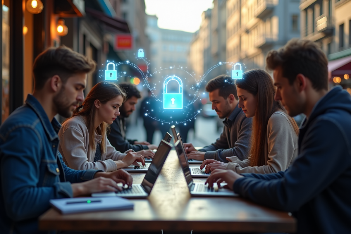 Jeunes utilisant des appareils avec symboles de securite internet