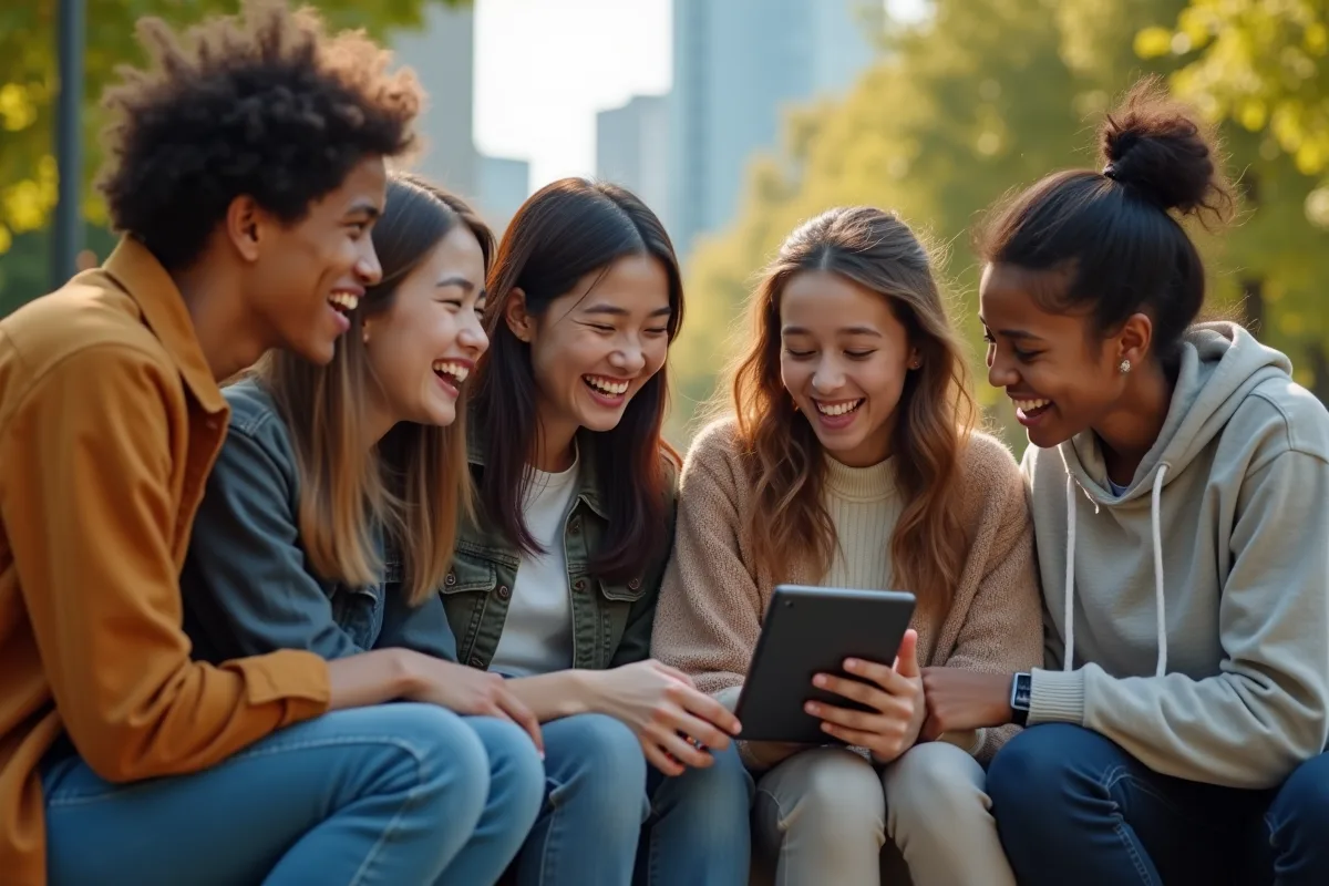 Groupe de jeunes souriants dans un parc urbain avec tablette
