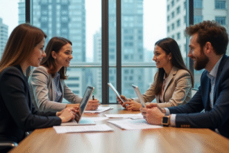 Groupe de professionnels en réunion dans un bureau moderne